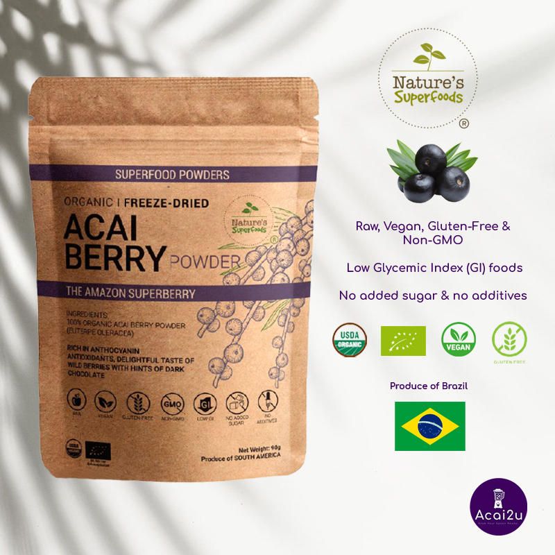 Nature's Superfood Organic Acai Berry Powder, Freeze Dried, 90g Resealable Pack